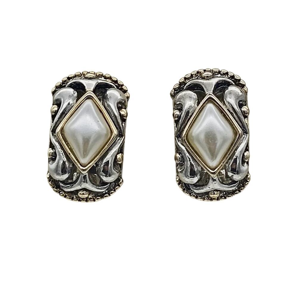 Vintage Clip On Statement Earrings Faux Pearl Gold And Silver Toned